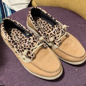 Sperry Tan and Leopard Print Boat Shoes